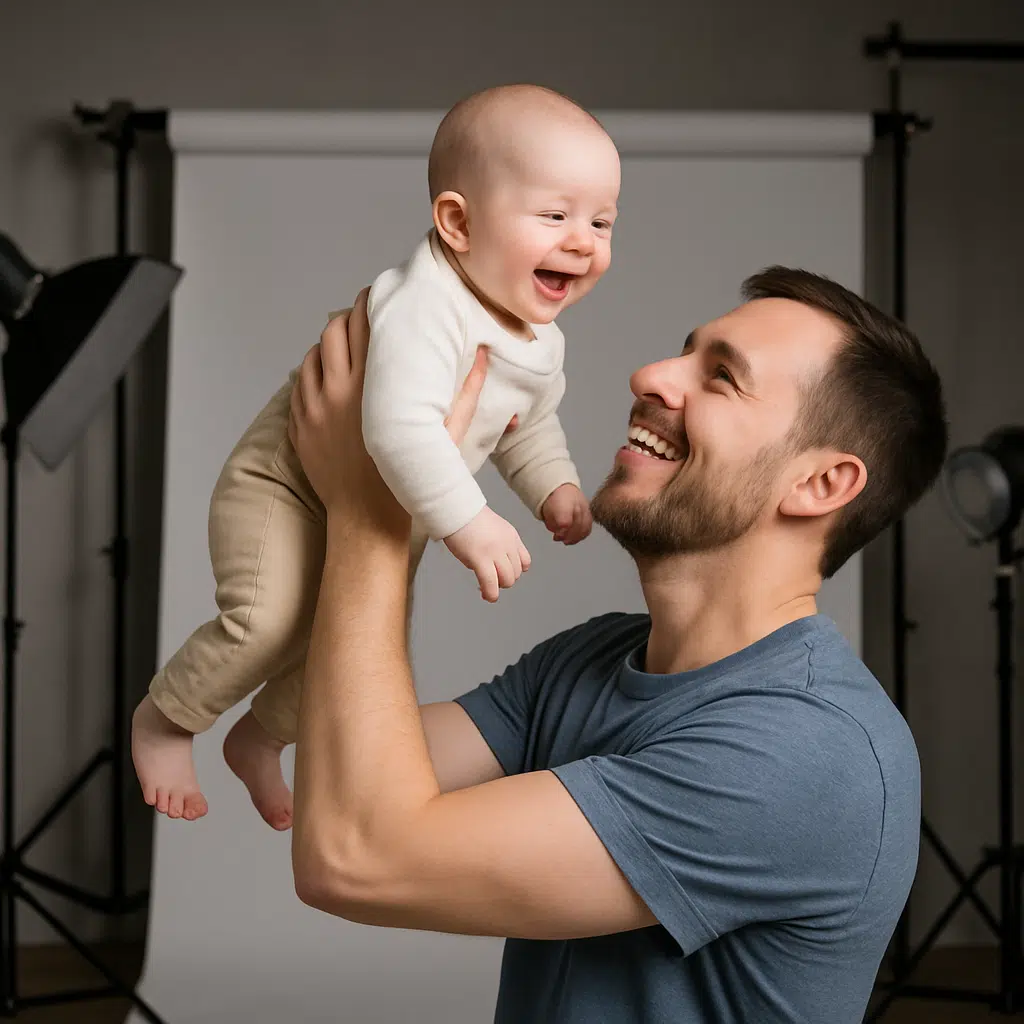 Lachender Vater hebt fröhliches Baby im Fotostudio hoch – emotionales Familienfoto von Fotograf Ralf Peters aus Boppard