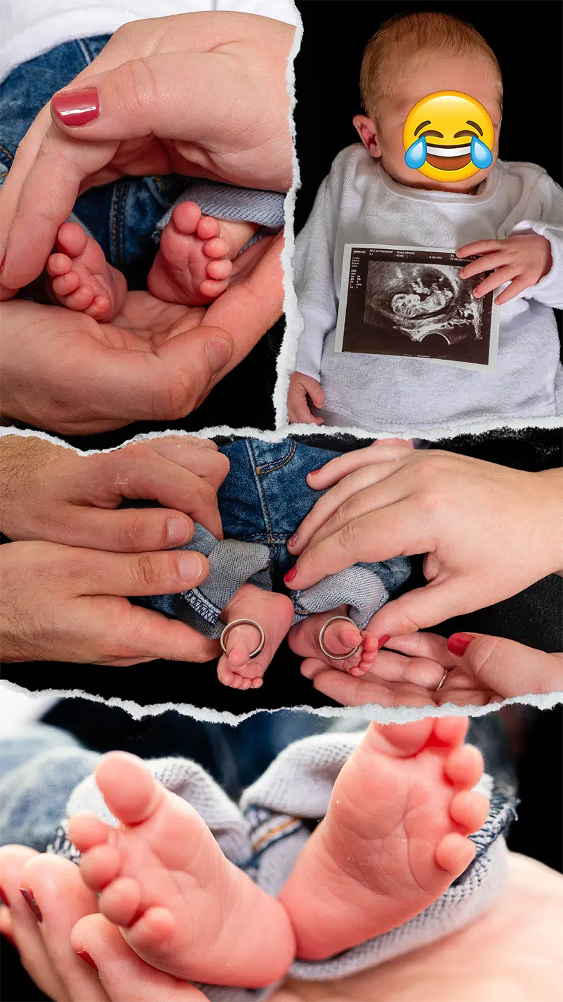 Detailreiche Baby-Collage mit kleinen Füßchen, Ultraschallbild und Familienhänden 
