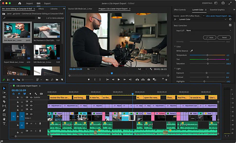 Videoschnitt in Adobe Premiere Pro – komplexe Timeline mit mehreren Spuren und Farbkorrektur-Einstellungen