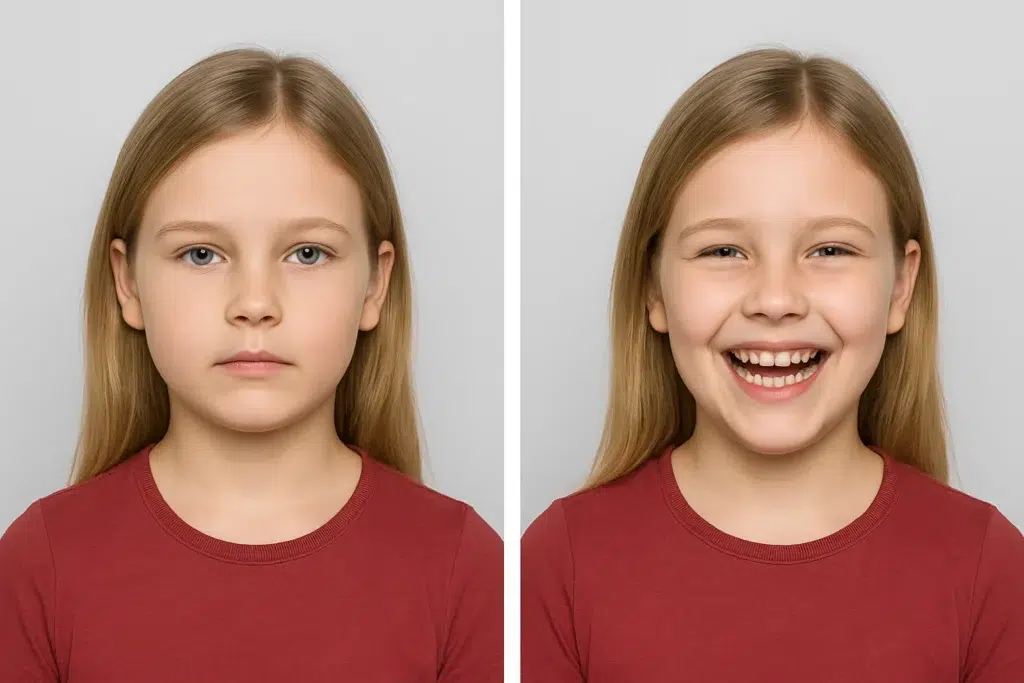 „Zwei Porträtaufnahmen eines Mädchens: links ein biometrisches Passfoto, rechts ein fröhliches Spaßfoto – aufgenommen vom Fotografen Ralf Peters in Boppard