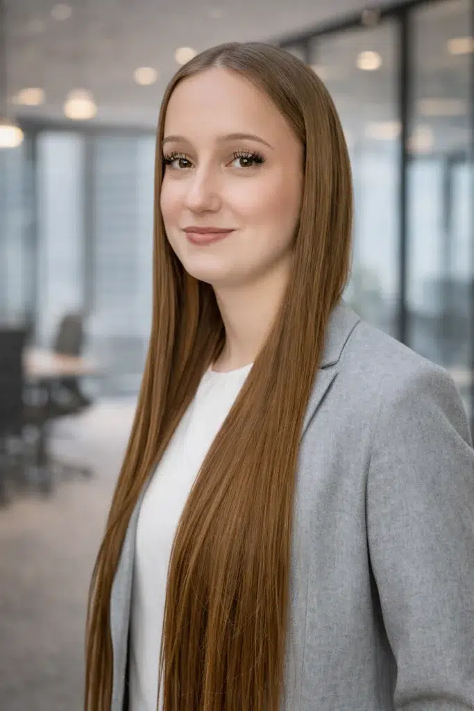 Professionelles Business Portrait einer Frau im grauen Blazer in moderner Büro Umgebung mit freundlichem Ausdruck