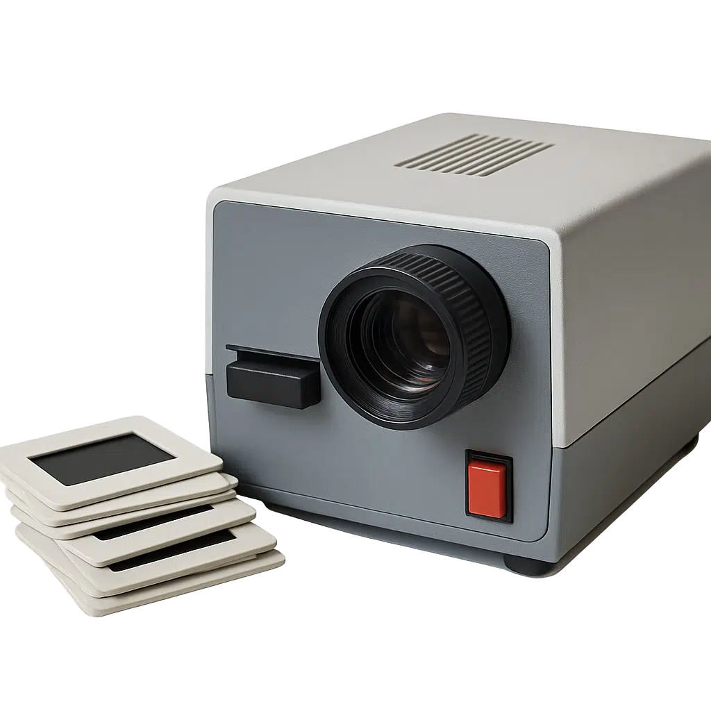 Ein Dia-Projektor und gerahmte Dias als Beispiel für analoge Fotoarchive, die bei Foto-Video-Peters in Boppard digitalisiert werden können. Wir retten Ihre alten Fotos.