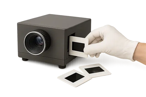 Gerahmtes Dia wird in den Scanner geschoben