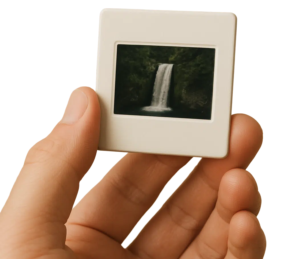 Eine Hand hält ein gerahmtes Dia vor einem unscharfen Hintergrund. Das Dia zeigt einen Wasserfall, umgeben von üppigem Grün. Dieses analoge Medium kann durch den Digitalsierungsservice Foto-Video-Peters in Boppard digitalisiert und für die Zukunft bewahrt werden.