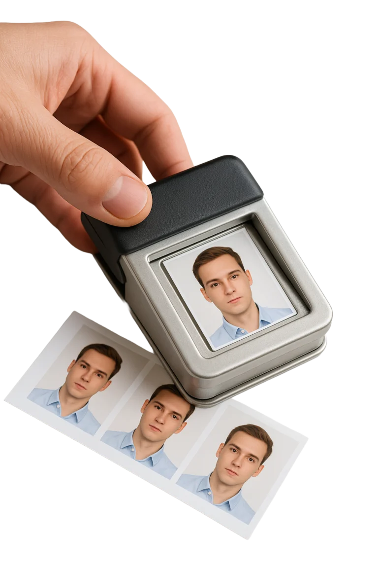Hand stanzt professionell ein biometrisches Passfoto eines jungen Mannes aus einem Fotobogen, geeignet für Ausweis, Reisepass oder Führerschein.