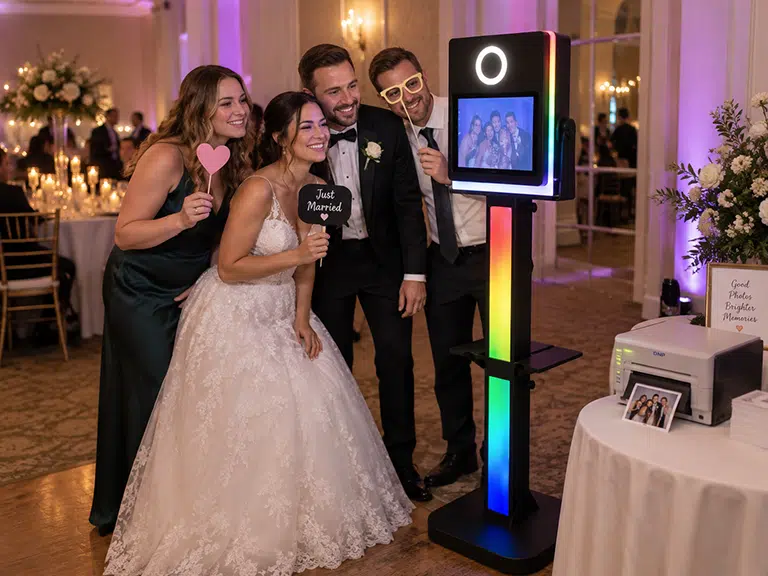 LED-Fotobox auf einer Hochzeit mit Gästen