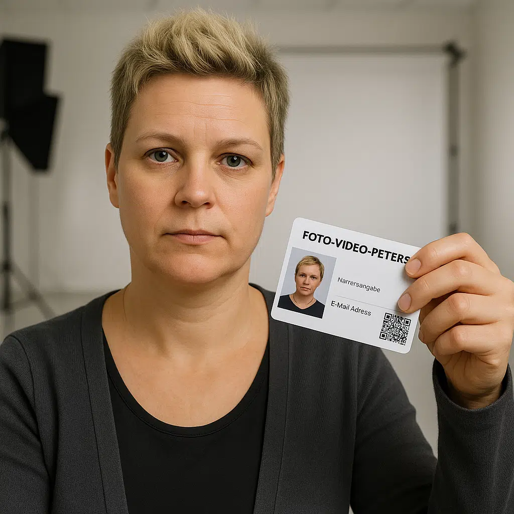 Frau hält eine E-Passfoto-Karte mit QR-Code im Fotostudio von Foto-Video-Peters in Boppard – ideal für digitalen Personalausweis oder Reisepass