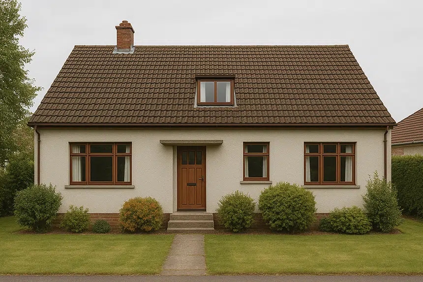 Text: Einfamilienhaus mit Satteldach, gepflegter Fassade und Vorgarten – aufgenommen von Foto-Video-Peters zur professionellen Immobilienpräsentation.