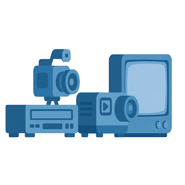 Symbol: analoge Geräte – Videorekorder, Kamera, Projektor, DVD-Player und TV