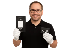 VHS- und Video8-Kassette in weißen Handschuhen