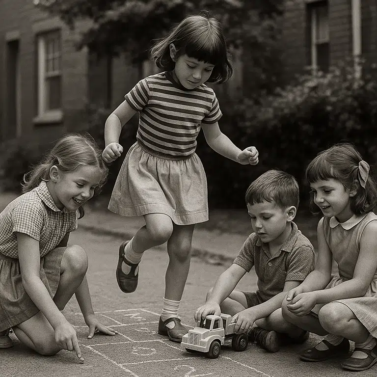 Ein nostalgisches Schwarz-Weiß-Foto zeigt vier Kinder, die im Freien spielen. Ein Mädchen in einem gestreiften Oberteil und Rock hüpft auf einem mit Kreide auf den Boden gemalten Hüpfkästchen. Ein anderes Mädchen links kniet daneben und deutet auf die Zahlen. Ein Junge in der Mitte kniet und spielt mit einem Spielzeugtruck. Ein viertes Mädchen rechts sitzt auf dem Boden und beobachtet das Spiel. Die Kinder scheinen konzentriert und vergnügt. Der Hintergrund zeigt eine Straße oder einen Hof mit Häusern und Bäumen. Die Aufnahme fängt einen typischen Spielmoment aus der Kindheit vergangener Zeiten ein.