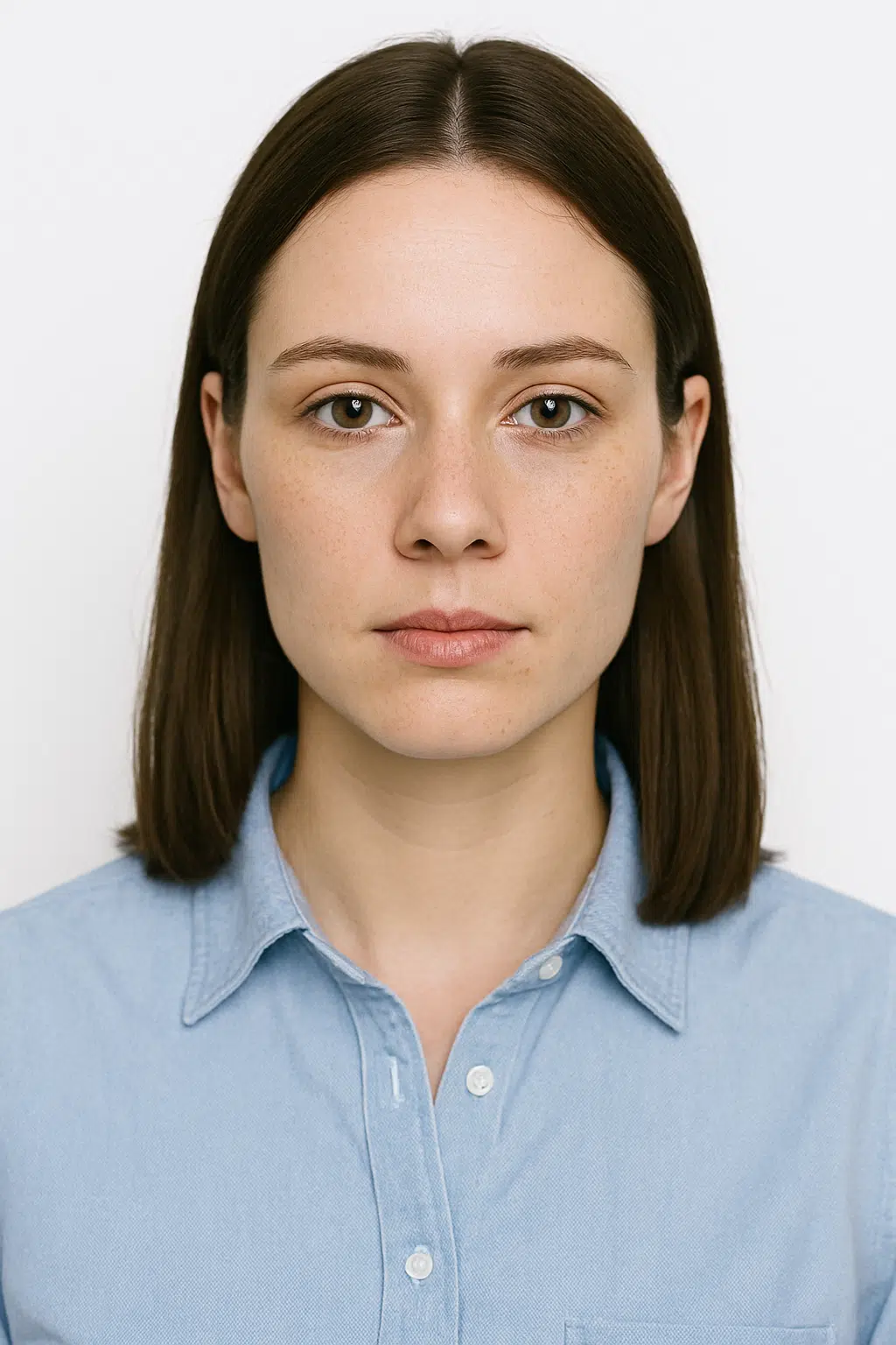 Biometrisches Passfoto einer jungen Frau in neutralem Hintergrund, geeignet für Personalausweis, Reisepass, Visum, Führerschein oder Gesundheitskarte.