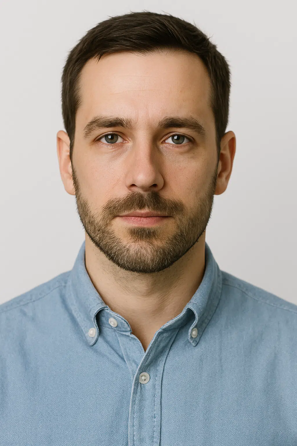 Biometrisches Passfoto eines jungen Mannes im Fotostudio, perfekt geeignet für Personalausweis, Reisepass, Visum, Führerschein oder Gesundheitskarte.