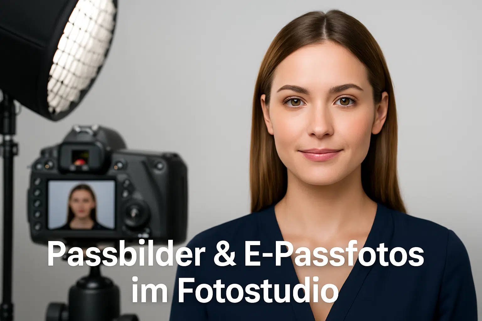 Junge Frau wird in einem Fotostudio professionell für ein Passfoto fotografiert; im Vordergrund Kamera und Beleuchtung sichtbar.