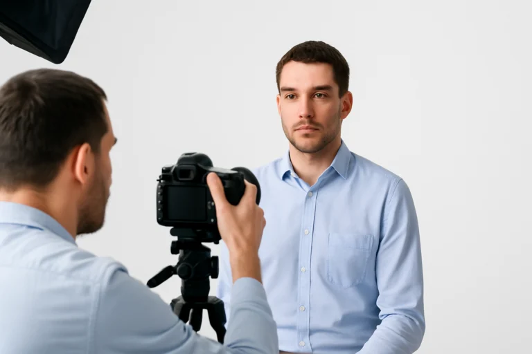 Fotograf fertigt biometrisches Passfoto eines jungen Mannes im Fotostudio an, ideal für Personalausweis, Reisepass, Führerschein oder Gesundheitskarte.