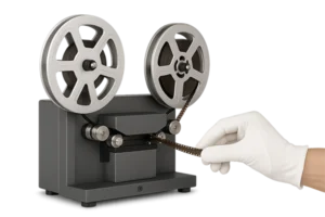 Super-8/Normal-8-Spule wird am Filmscanner eingefädelt