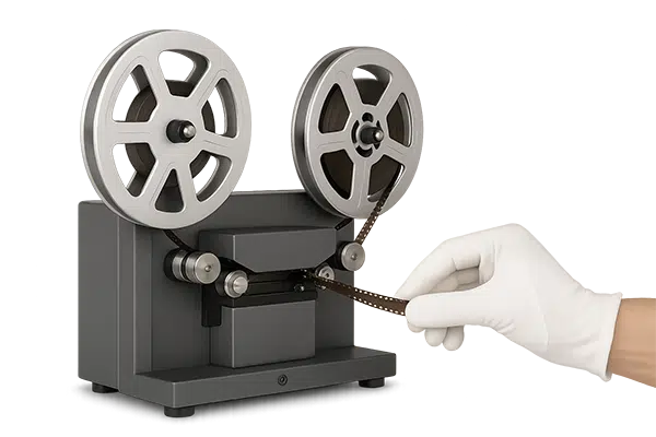 Super-8/Normal-8-Spule wird am Filmscanner eingefädelt