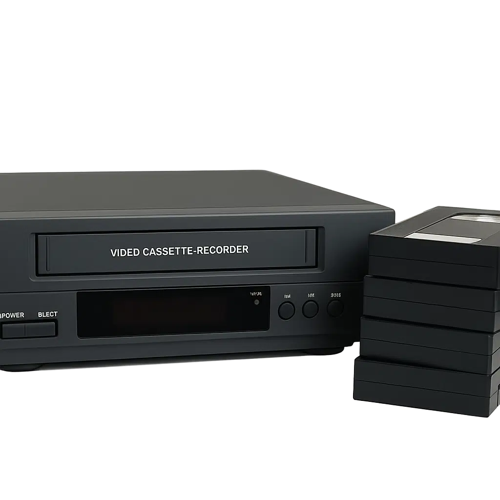 Beispiel eines VHS Videorecorders und VHS-Kassetten, die bei Foto-Video-Peters in Boppard digitalisiert werden können. Wir retten Ihre alten Videoerinnerungen.