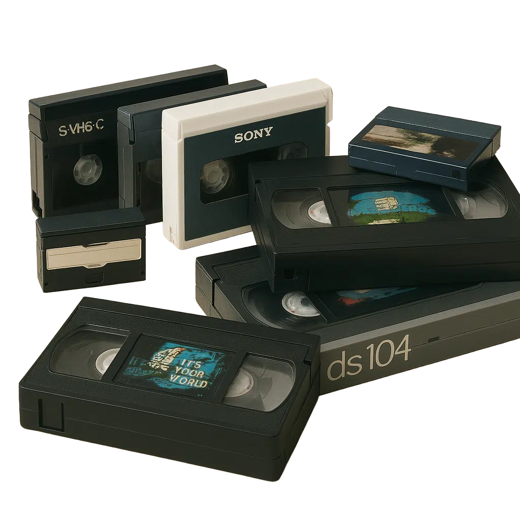 Verschiedene analoge Videokassettenformate wie VHS, VHS-C und andere für die Digitalisierung bei Foto-Video-Peters in Boppard. Sichern Sie Ihre alten Videoaufnahmen.