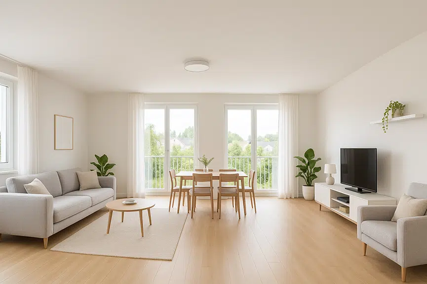 Großzügiges, helles Wohn- und Esszimmer mit moderner Einrichtung, heller Couch, Esstisch aus Holz, Fernseher und großen Fenstern mit Blick ins Grüne – professionell fotografiert von Foto-Video-Peters für Immobilienpräsentationen.