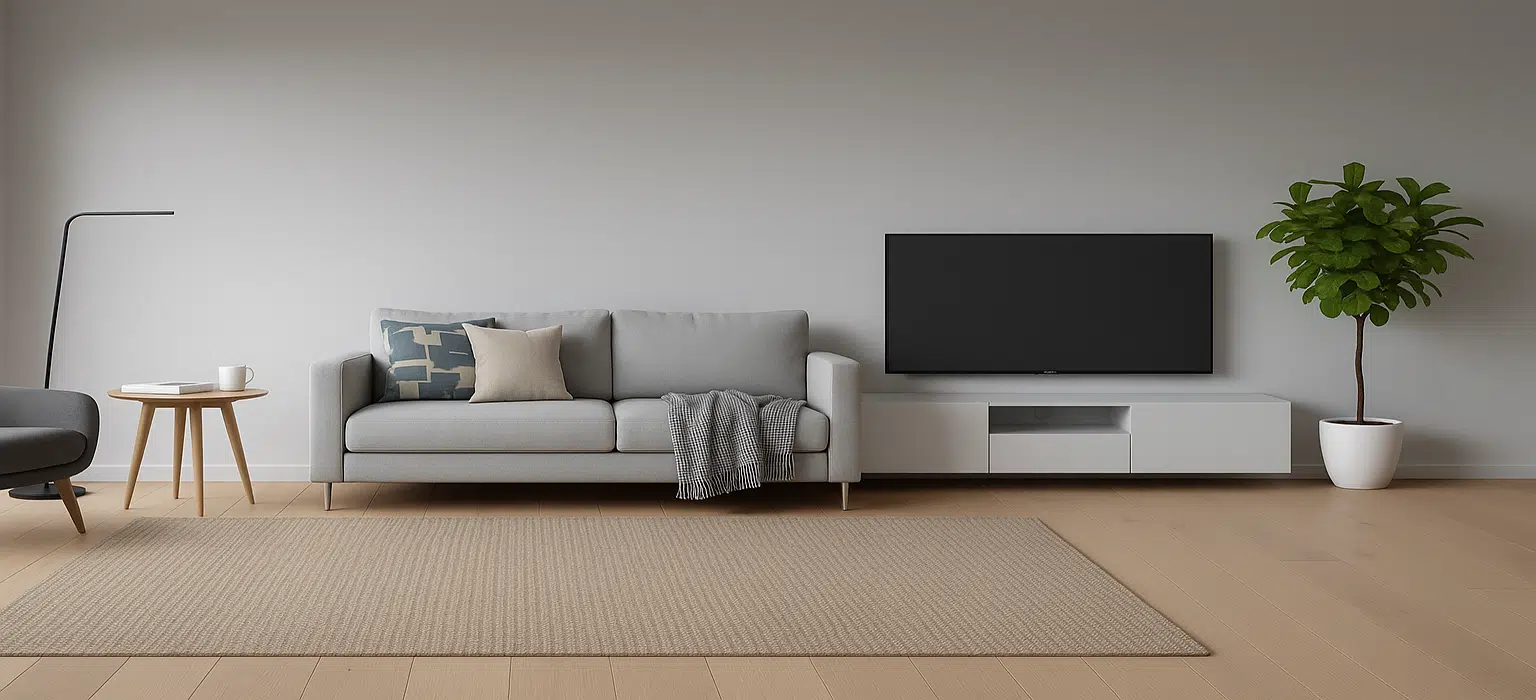 Modern eingerichtetes Wohnzimmer mit grauem Sofa, Fernseher, Holzfußboden und Zimmerpflanze