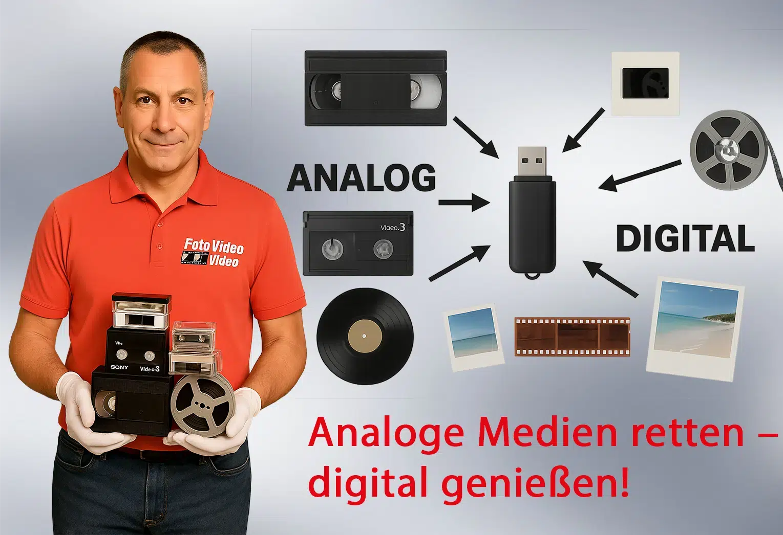 VHS-Kassette, Video8-Kassette, Schmalfilmrolle und Dias – Digitalisierung bei Foto-Video-Peters in Boppard.