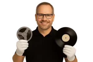 Tonbandspule und Schallplatte in Handschuhen – Audio digitalisieren