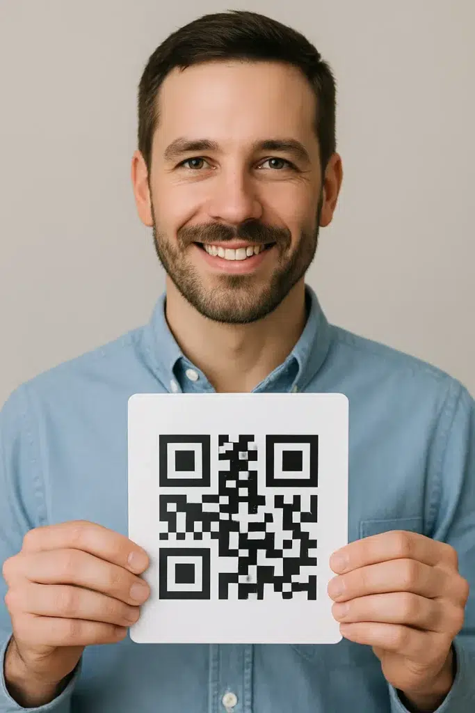 Lächelnder Mann hält Schild mit QR-Code in der Hand,