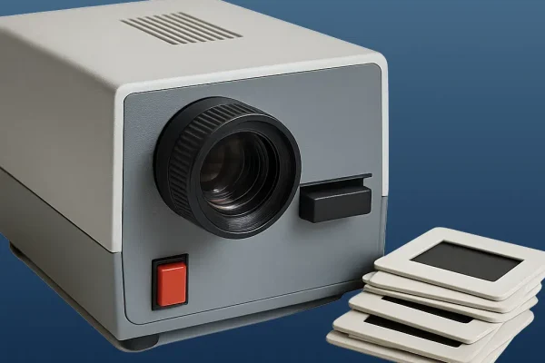 Ein Dia-Projektor und gerahmte Dias als Beispiel für analoge Fotoarchive, die bei Foto-Video-Peters in Boppard digitalisiert werden können. Wir retten Ihre alten Fotos.