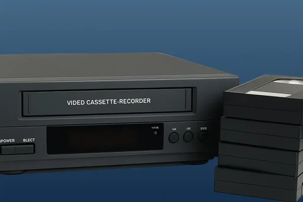 Ein VHS Videorecorder und VHS-Kassetten vor farbigem Hintergrund. Diese Medien können bei Foto-Video-Peters in Boppard digitalisiert werden.