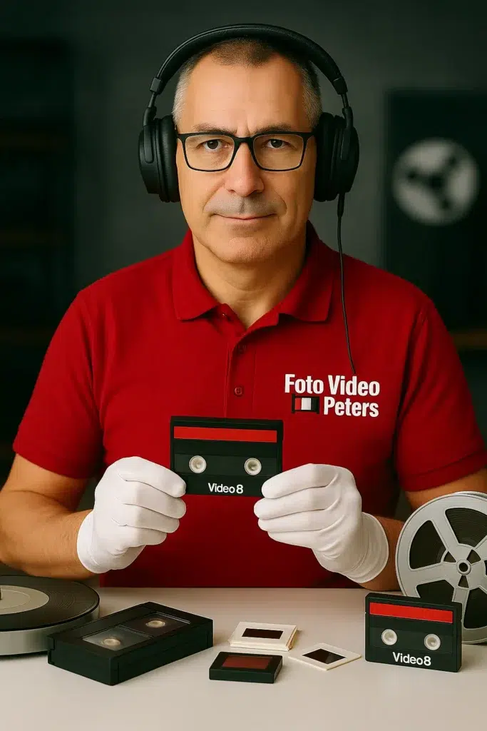 Ralf Peters im roten Polo mit Kopfhörern hält eine Videokassette vor dunklem Studiohintergrund