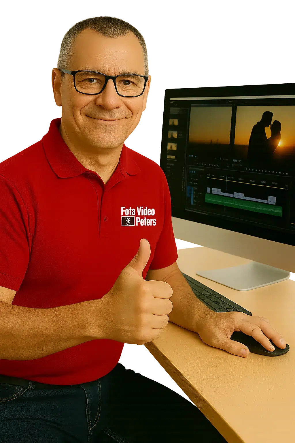 Foto Video Peters gibt Daumen hoch vor Monitor mit Videoschnitt – Foto-Video-Peters Digitalisierung.