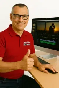 Ralf Peters gibt Daumen hoch vor Monitor mit Videoschnitt – Foto-Video-Peters Digitalisierung.