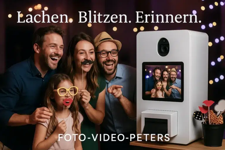 Gruppe feiert mit moderner Fotobox und lustigen Accessoires