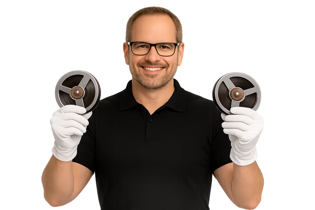 Mann mit Schmalfilmen in der Hand