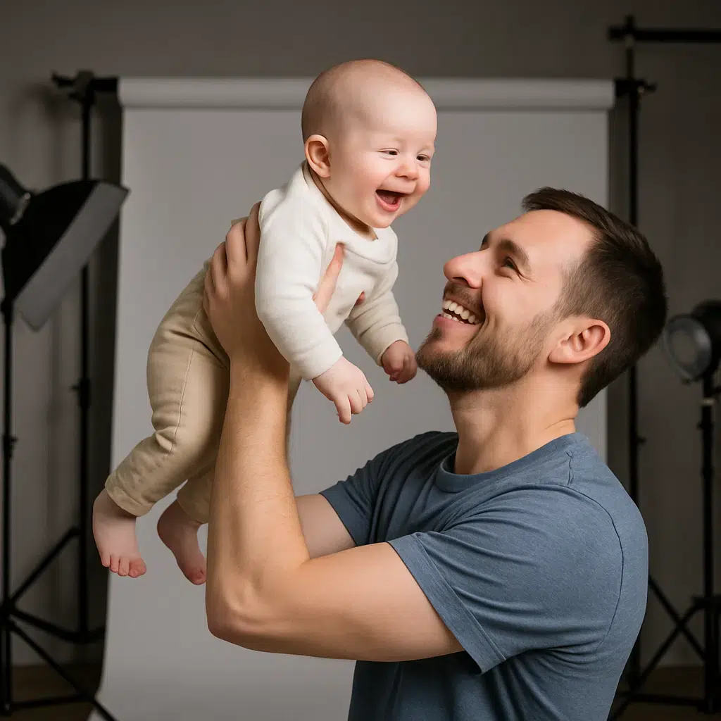 Lachender Vater hebt fröhliches Baby im Fotostudio hoch