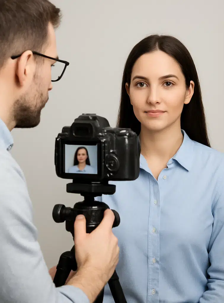Fotograf nimmt biometrisches Passfoto einer jungen Frau auf.