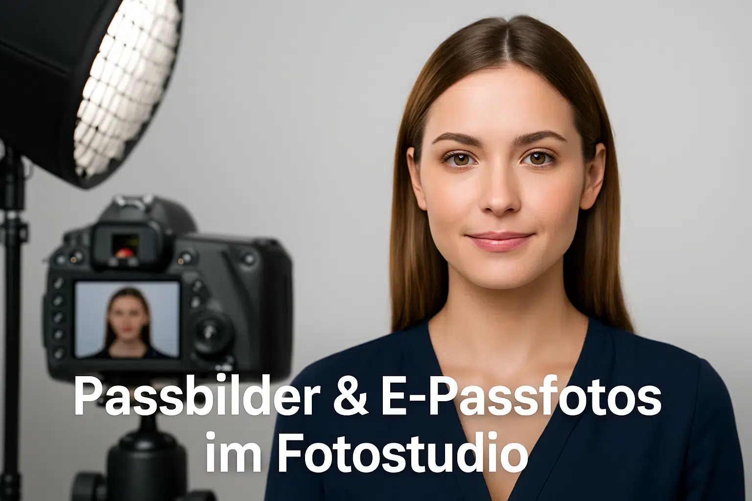 Beispiel-Passfoto im Fotostudio: Frau frontal vor grauem Hintergrund, Kamera und Softbox sichtbar