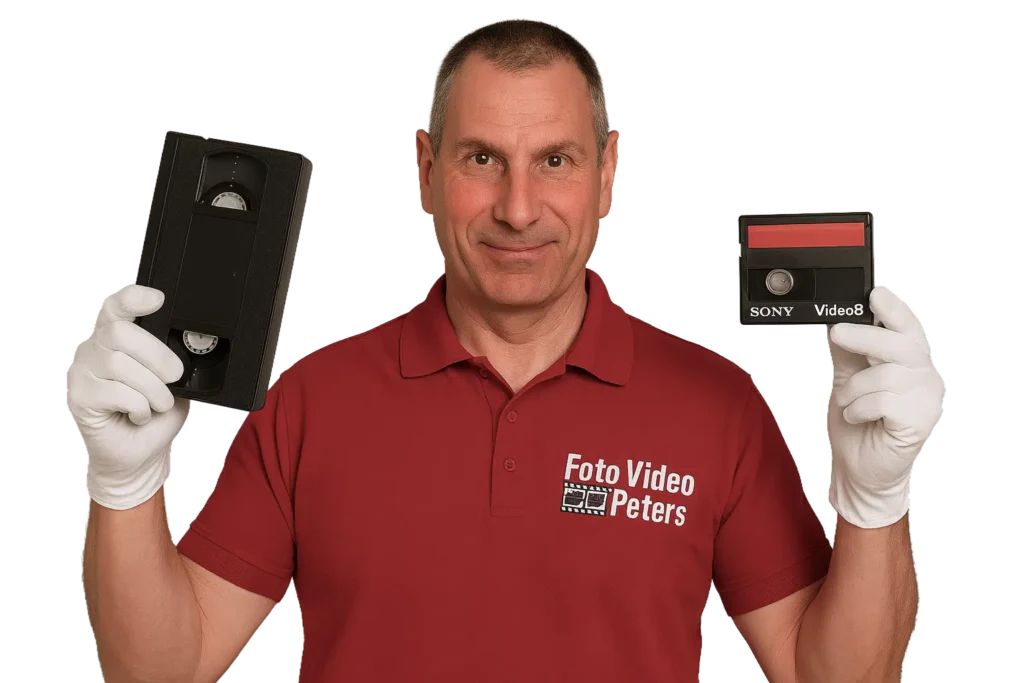 Mann im roten Polohemd mit Logo „Foto Video Peters“, weiße Handschuhe, hält eine VHS-Kassette und eine Video8-Kassette