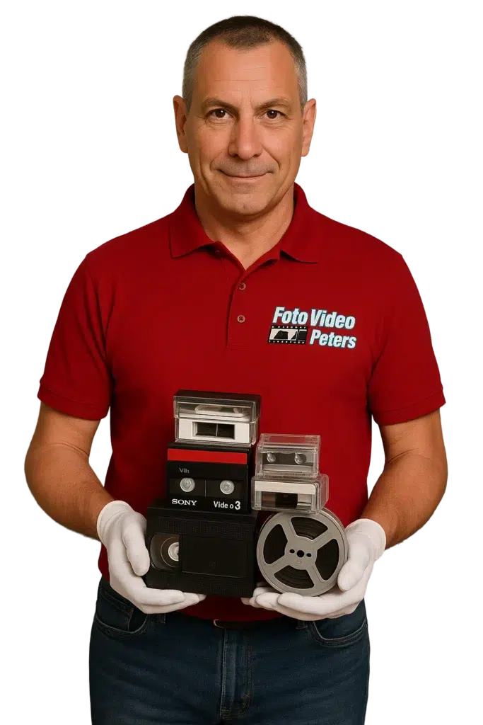 Ralf Peters im roten Poloshirt hält VHS-Kassette, Video8 und Filmspule mit Handschuhen