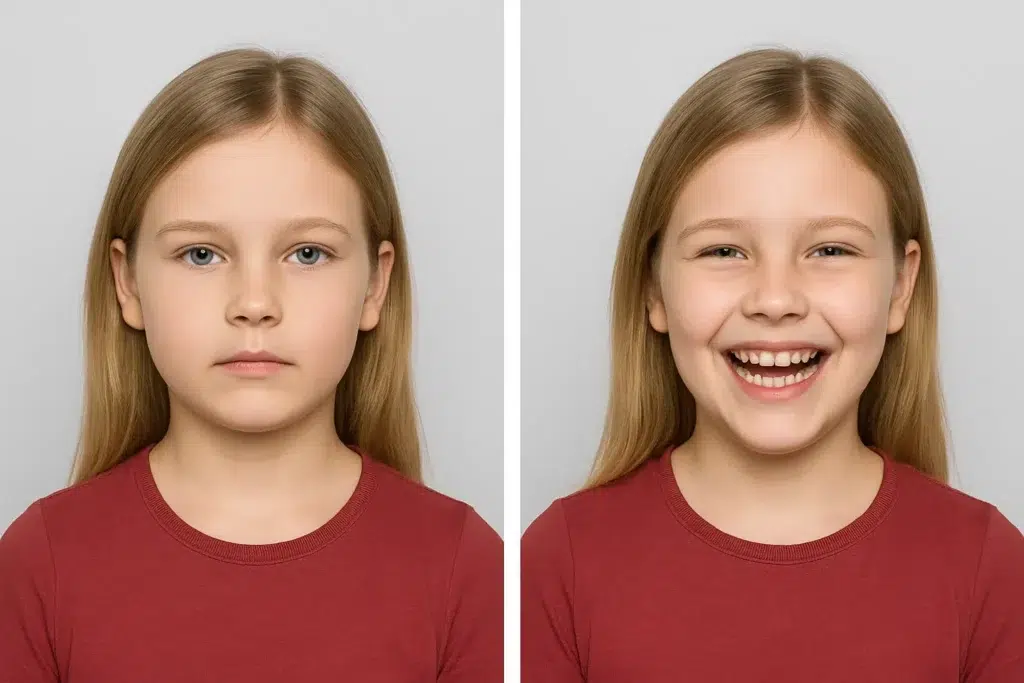 Zwei Porträtaufnahmen eines Mädchens: links ein biometrisches Passfoto, rechts ein fröhliches Spaßfoto
