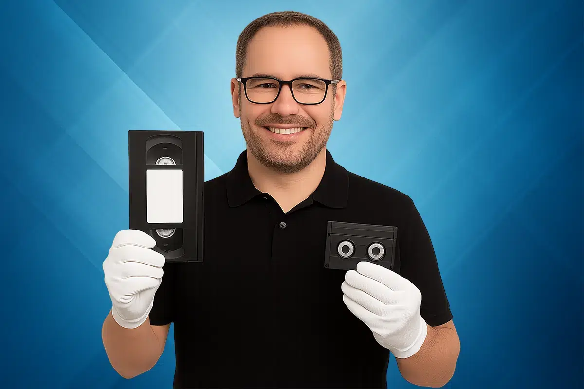 Mann hält verschiedene Videokassetten zur Digitalisierung in der Hand